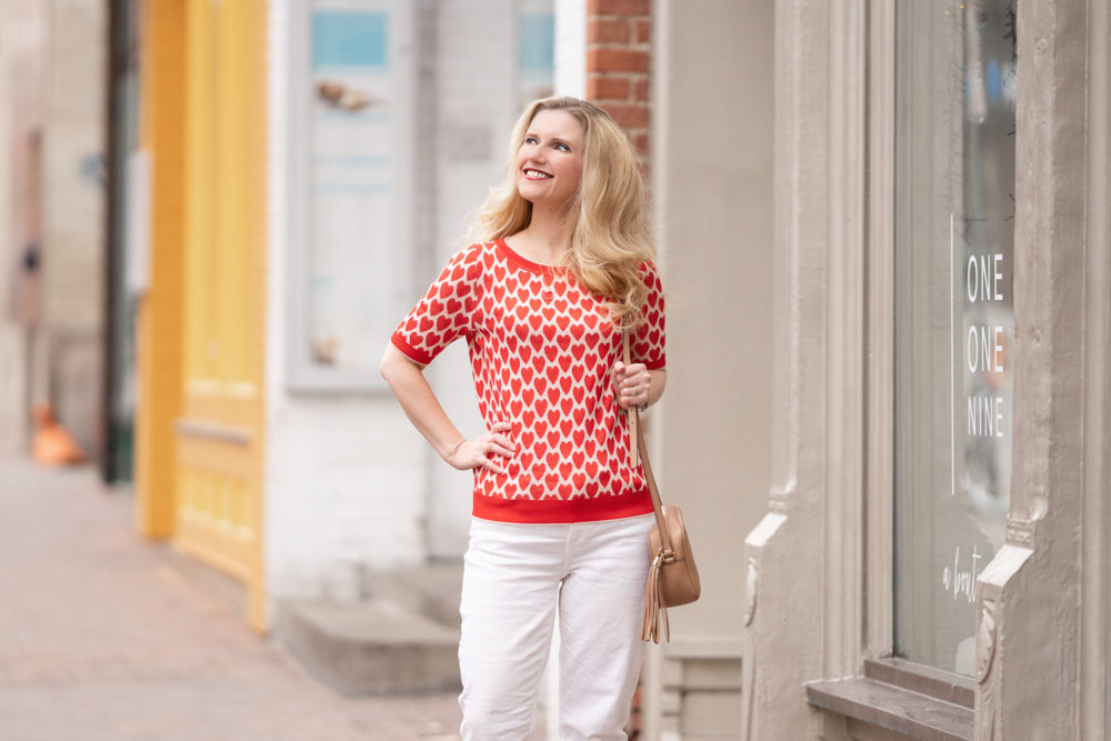 Petite Fashion Blog | Ann Taylor Heart Sweater | Everlane Cheeky Straight Jeans | Gianvito Rossi Suede Pumps | Valentine's Day Gift Guide
