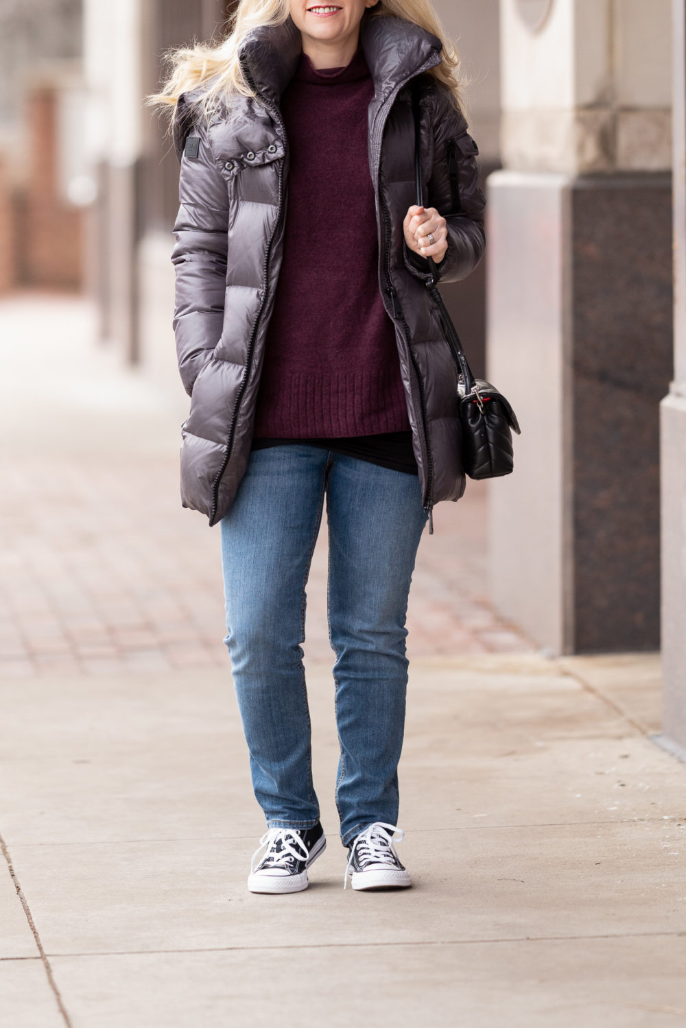 Petite Fashion Blog |Goodthreads Women's Mid-Gauge Stretch Funnel Neck Sweater | Classic Vans Sneakers