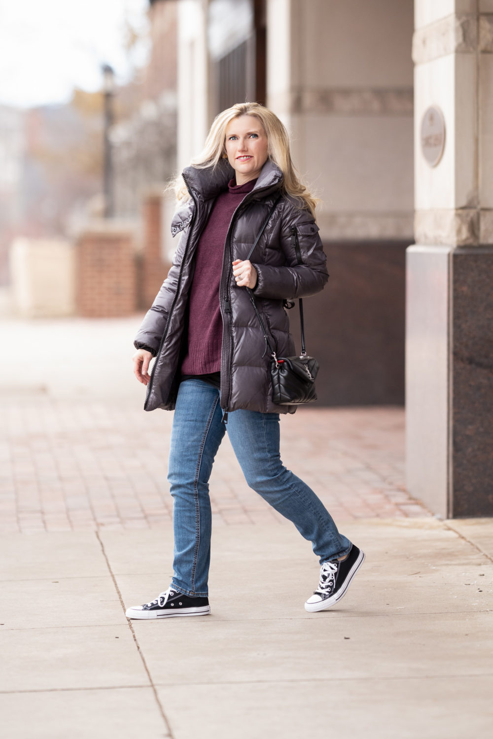 Petite Fashion Blog |Goodthreads Women's Mid-Gauge Stretch Funnel Neck Sweater | Classic Vans Sneakers