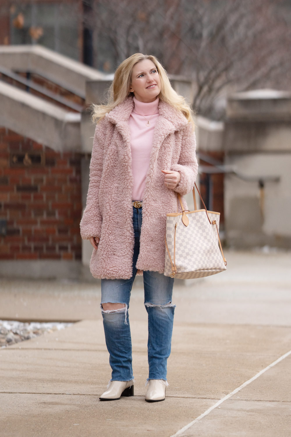Petite Fashion Blog | Peach Copenhagen Coat | Louis Vuitton Neverfull Bag | Everlane Boots | Peach Clothing