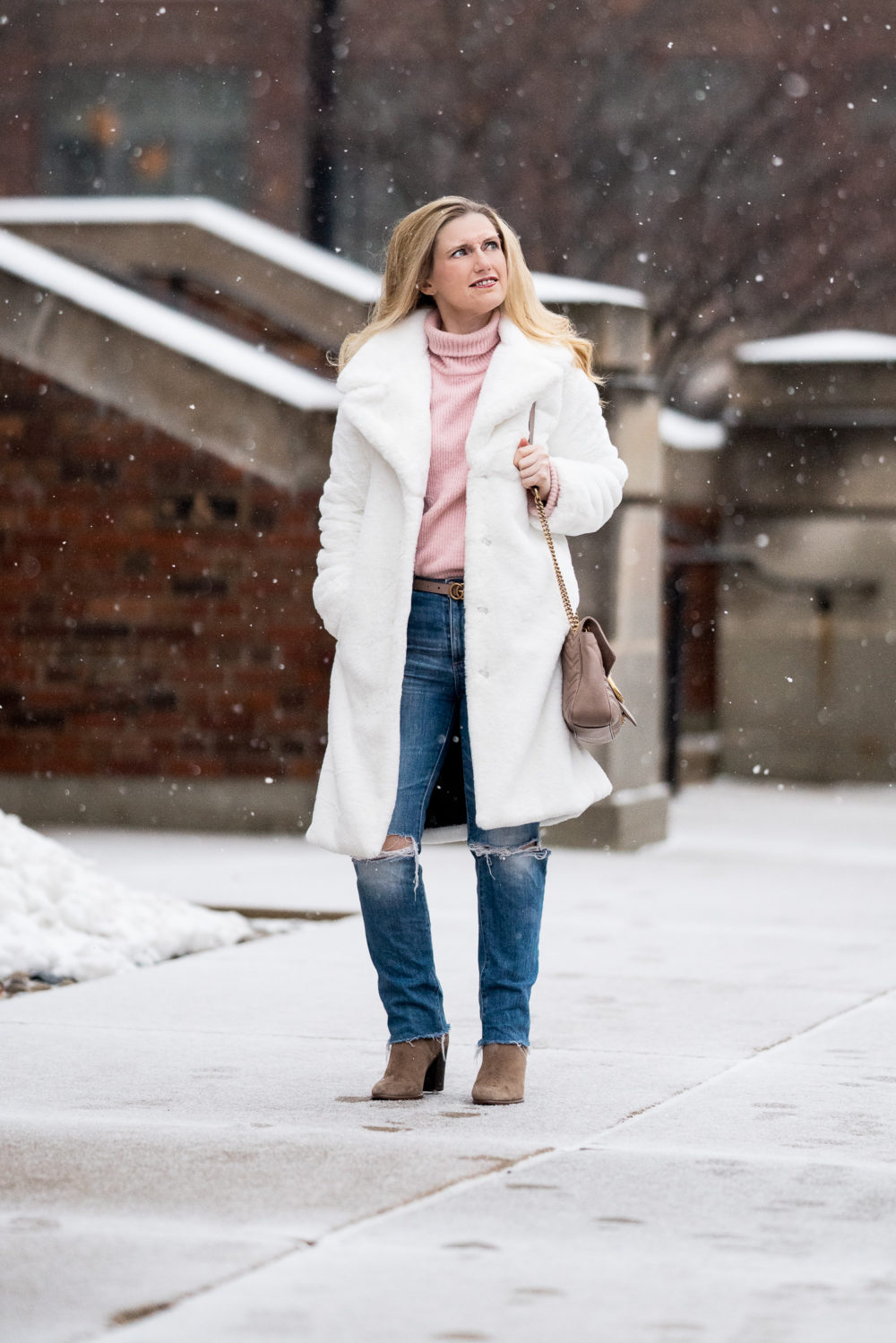 Petite Fashion Blog | White Fur Coat | Avec Les Filles Faux Fur Coat | Gucci Marmont Bag