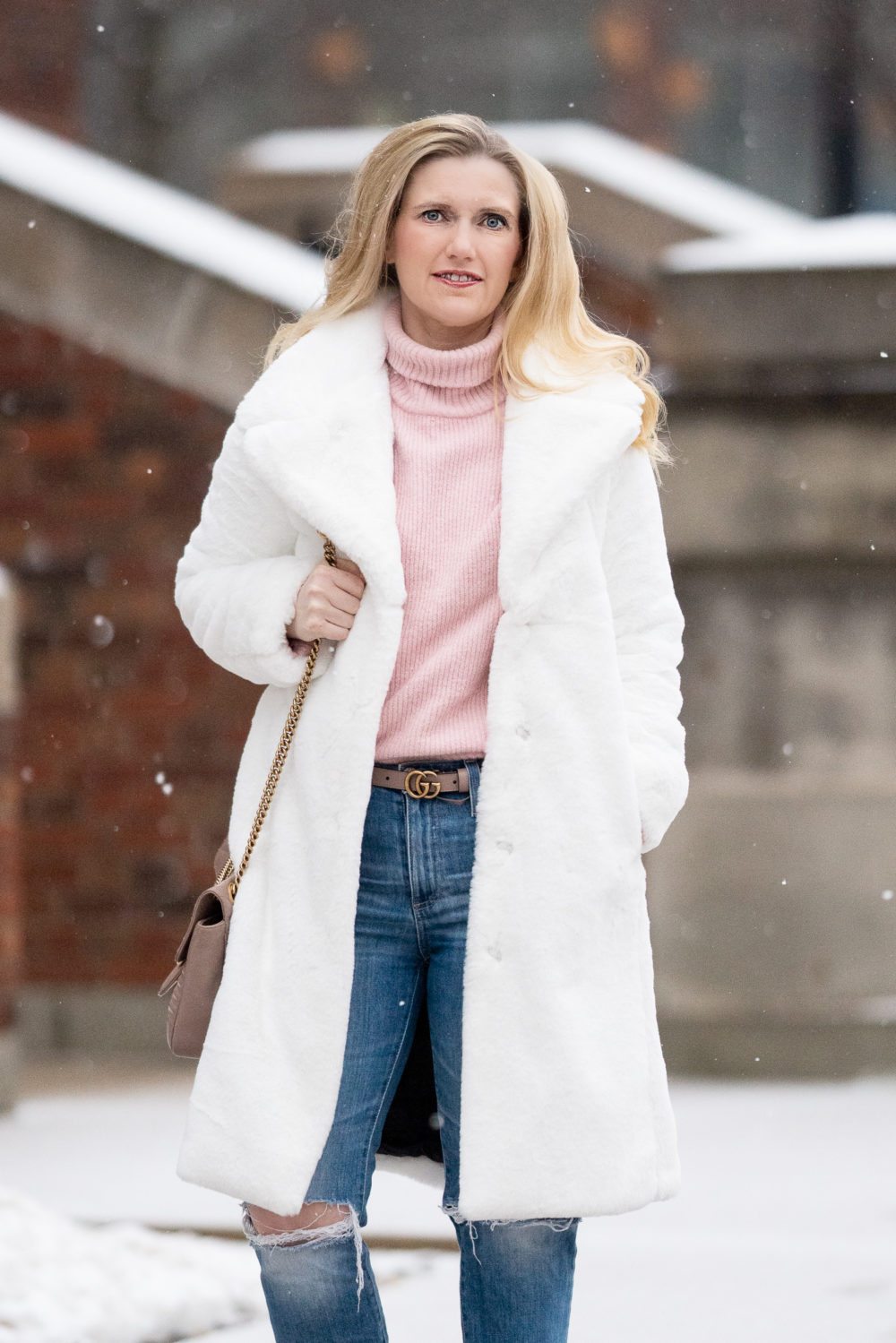 Petite Fashion Blog | White Fur Coat | Avec Les Filles Faux Fur Coat | Gucci Marmont Bag