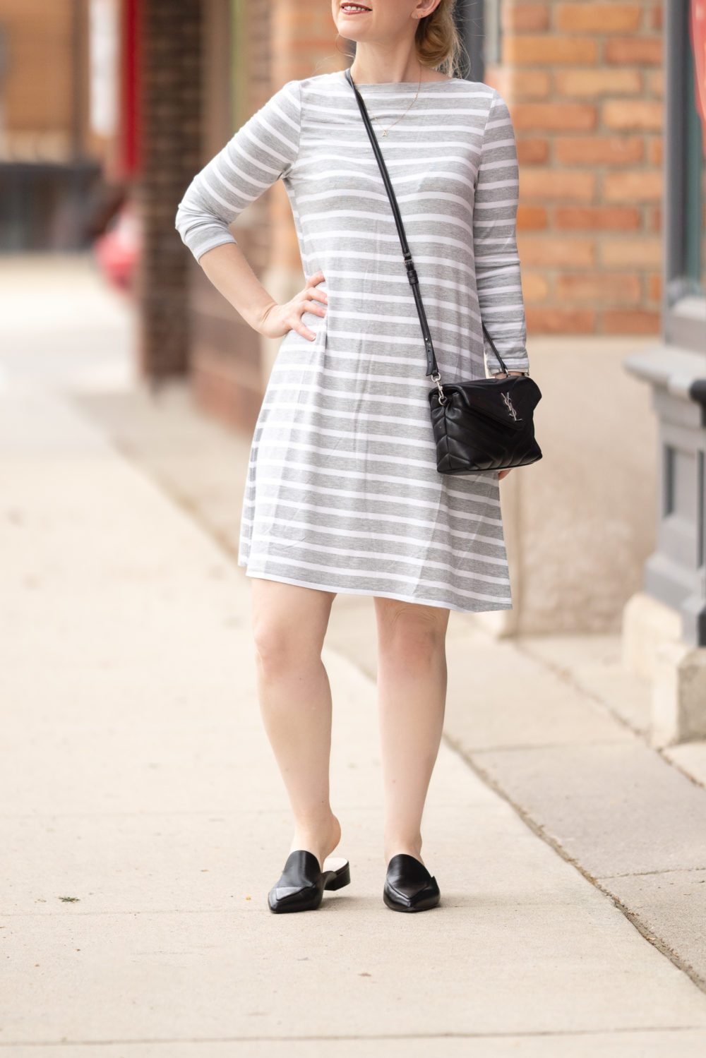 Petite Fashion Blog | Amazon Essentials Women's 3-4 Sleeve Boatneck Dress | Cole Haan Black Mules
