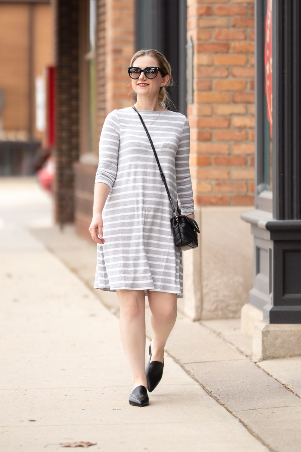 Petite Fashion Blog | Amazon Essentials Women's 3-4 Sleeve Boatneck Dress | Cole Haan Black Mules
