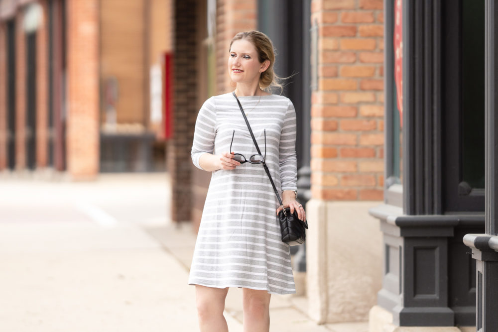 Petite Fashion Blog | Amazon Essentials Women's 3-4 Sleeve Boatneck Dress | Cole Haan Black Mules